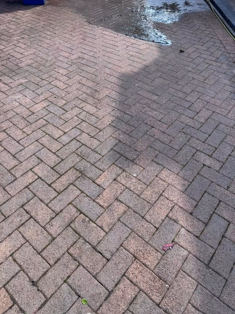 Stained monoblock driveway before pressure washing